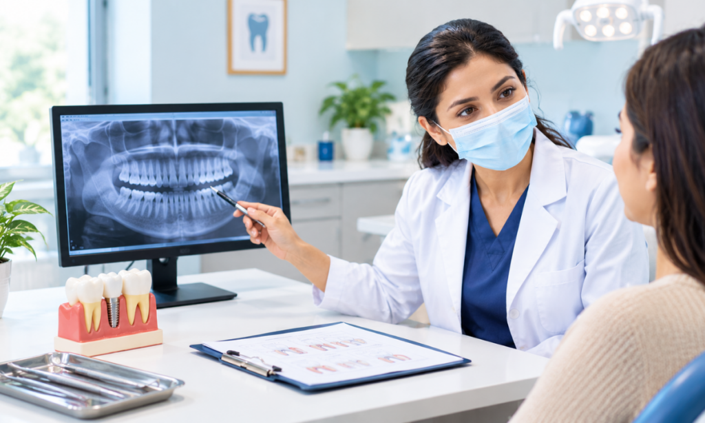 Dentist examining tooth damage to choose between a crown and filling.