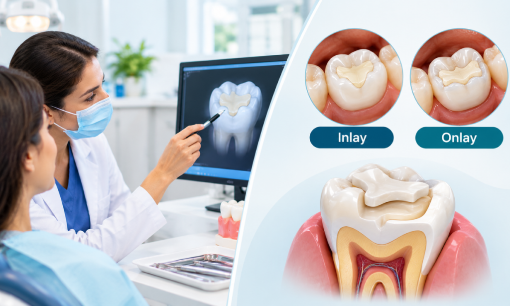Dental inlay and onlay restorations for moderate tooth damage.