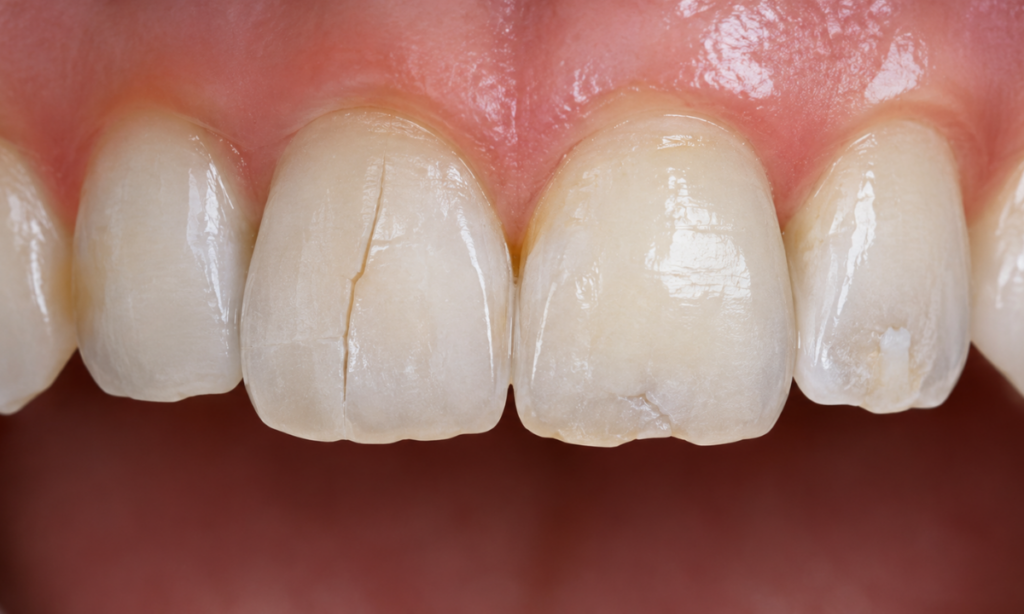 Minor cracks and surface defects on tooth enamel.