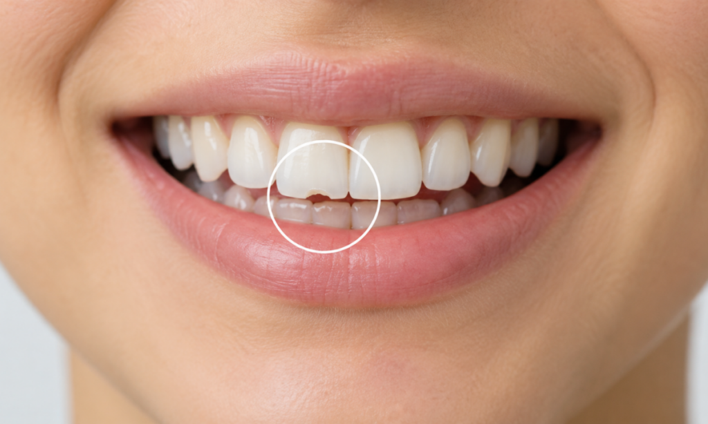 Small chips on front teeth showing minor dental damage.