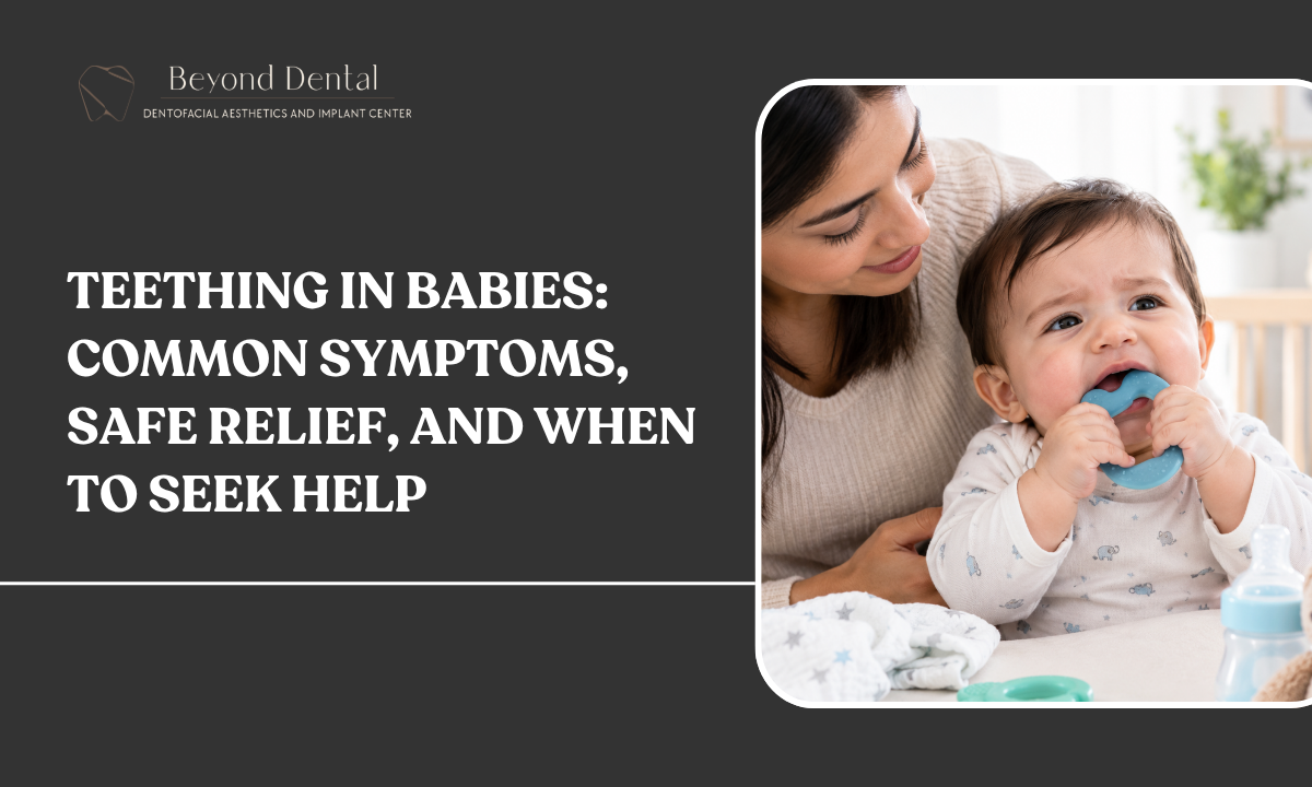 Mother soothing a teething baby with a teether