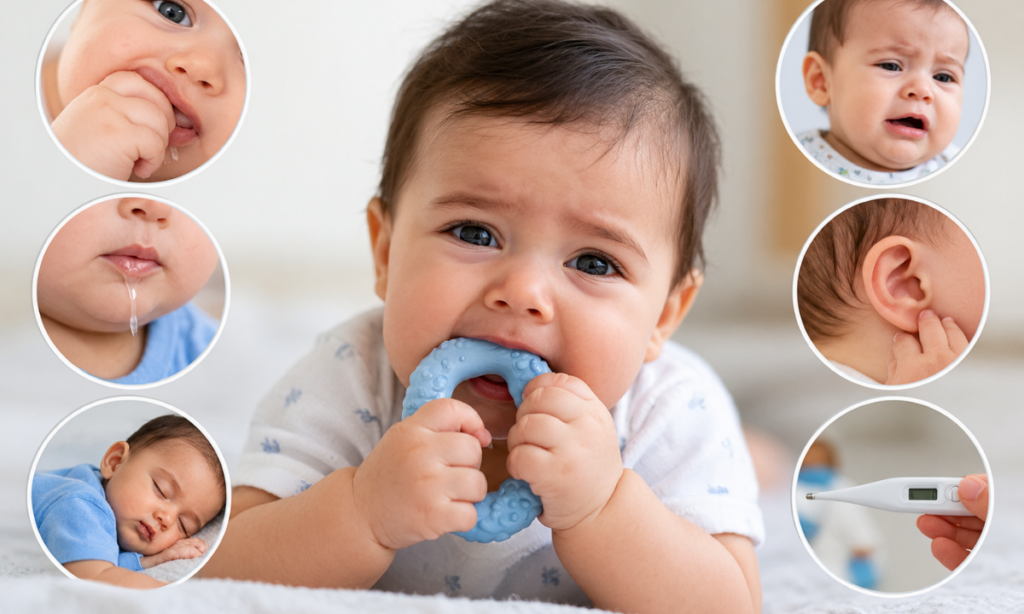 Common baby teething symptoms, including drooling, chewing, and sore gums.
