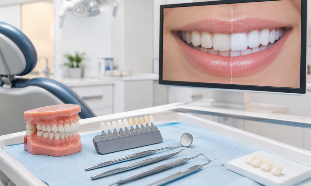 Cosmetic dentist performing smile enhancement treatments.