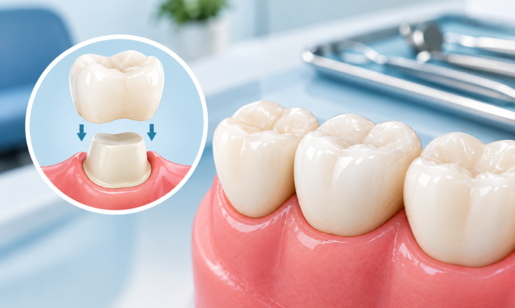 Dental crown covering and protecting a damaged tooth.