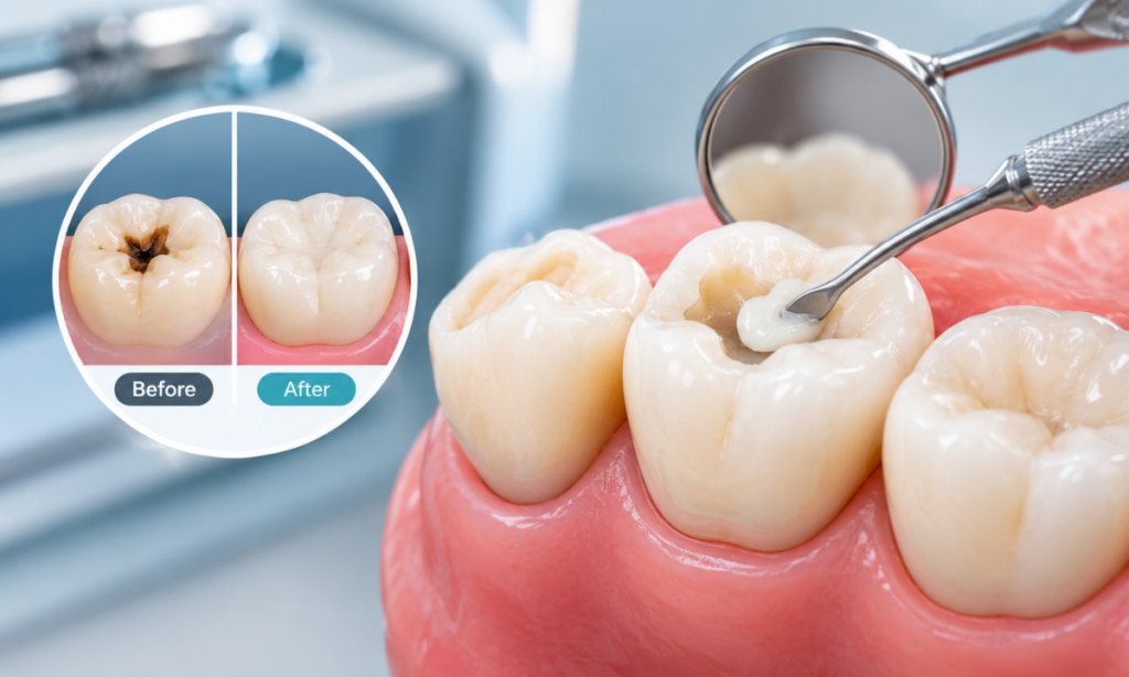 Dental filling used to repair a decayed tooth.