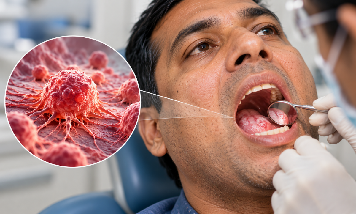 Mouth cancer symptoms include persistent ulcers, red or white patches, and lumps.