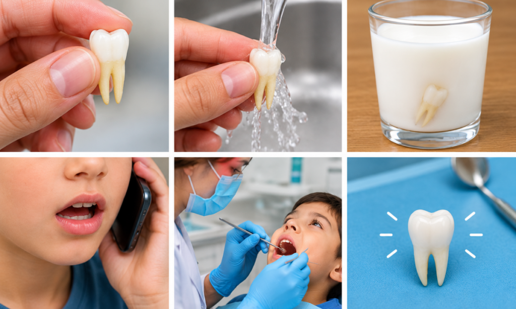 Permanent tooth knocked out and requiring urgent dental care.