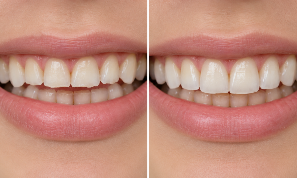 Worn or slightly shortened teeth showing enamel wear.